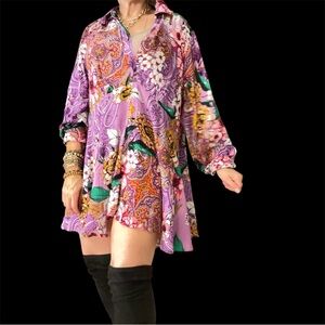 Flowy Floral Top 18W Purple Paisley Boho Fairy Blouse Long Sleeve Button Cuff